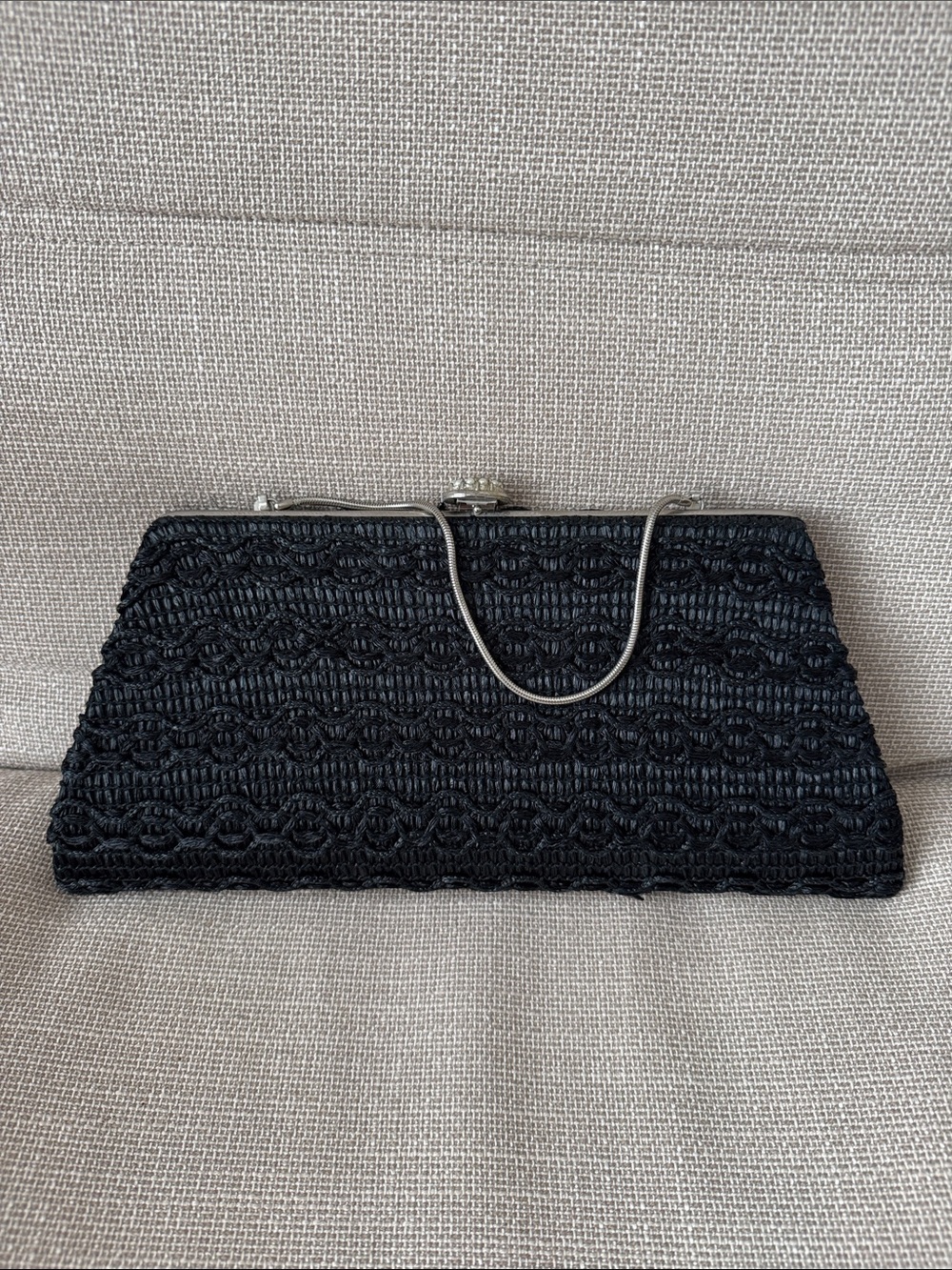 Black Beaded Evening Clutch with Silver Frame